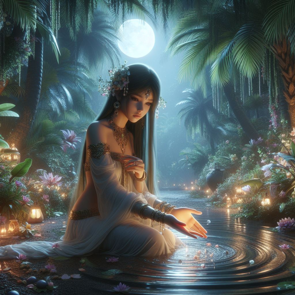 DALL·E prompt: an enchanting, mystical scene featuring Ishtar in a lush, moonlit oasis, surroun...