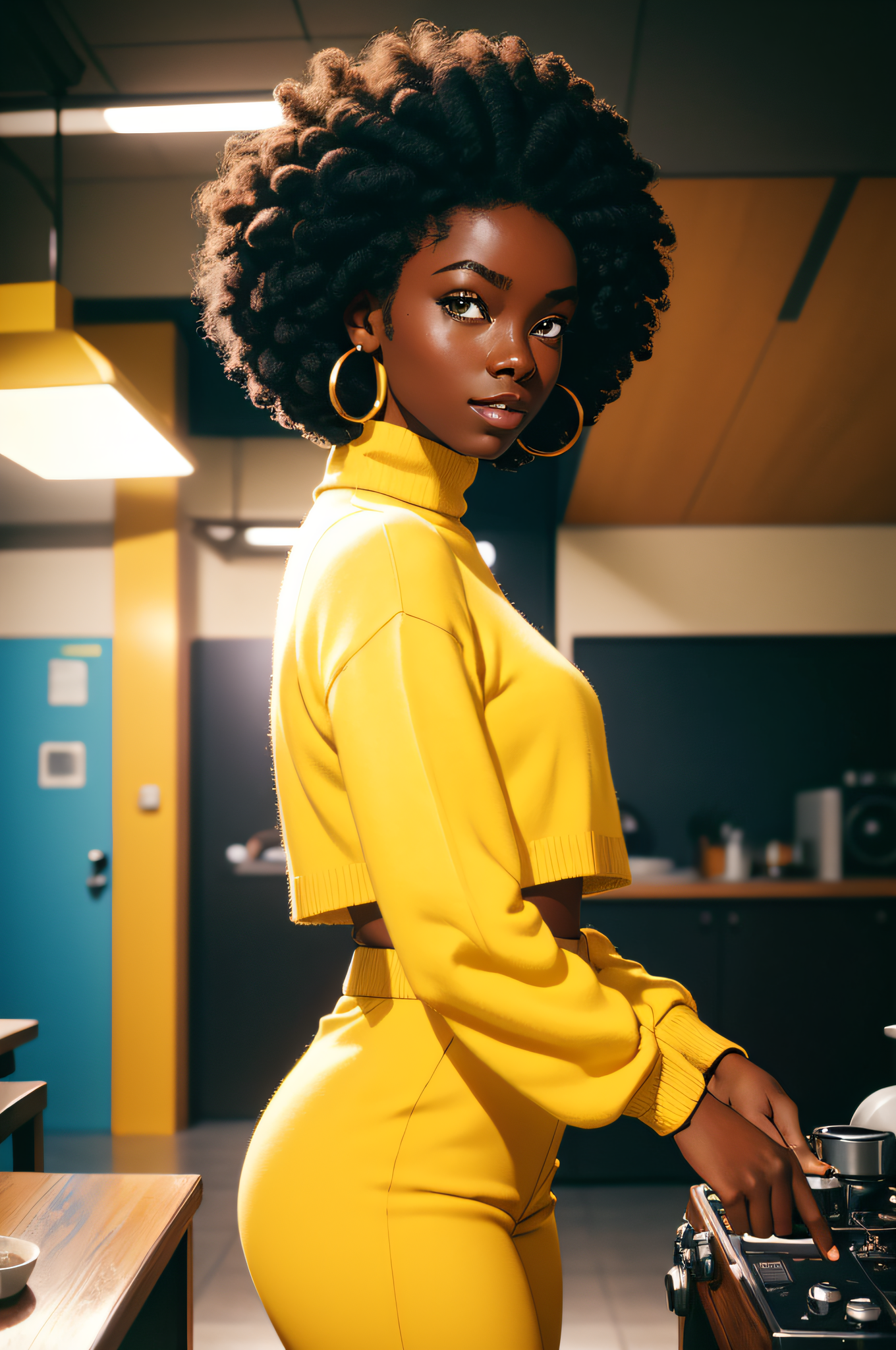 ChilloutMix prompt: 1 young female , happy, dark skin tone, afro hair, yellow turtle neck sweater, y...