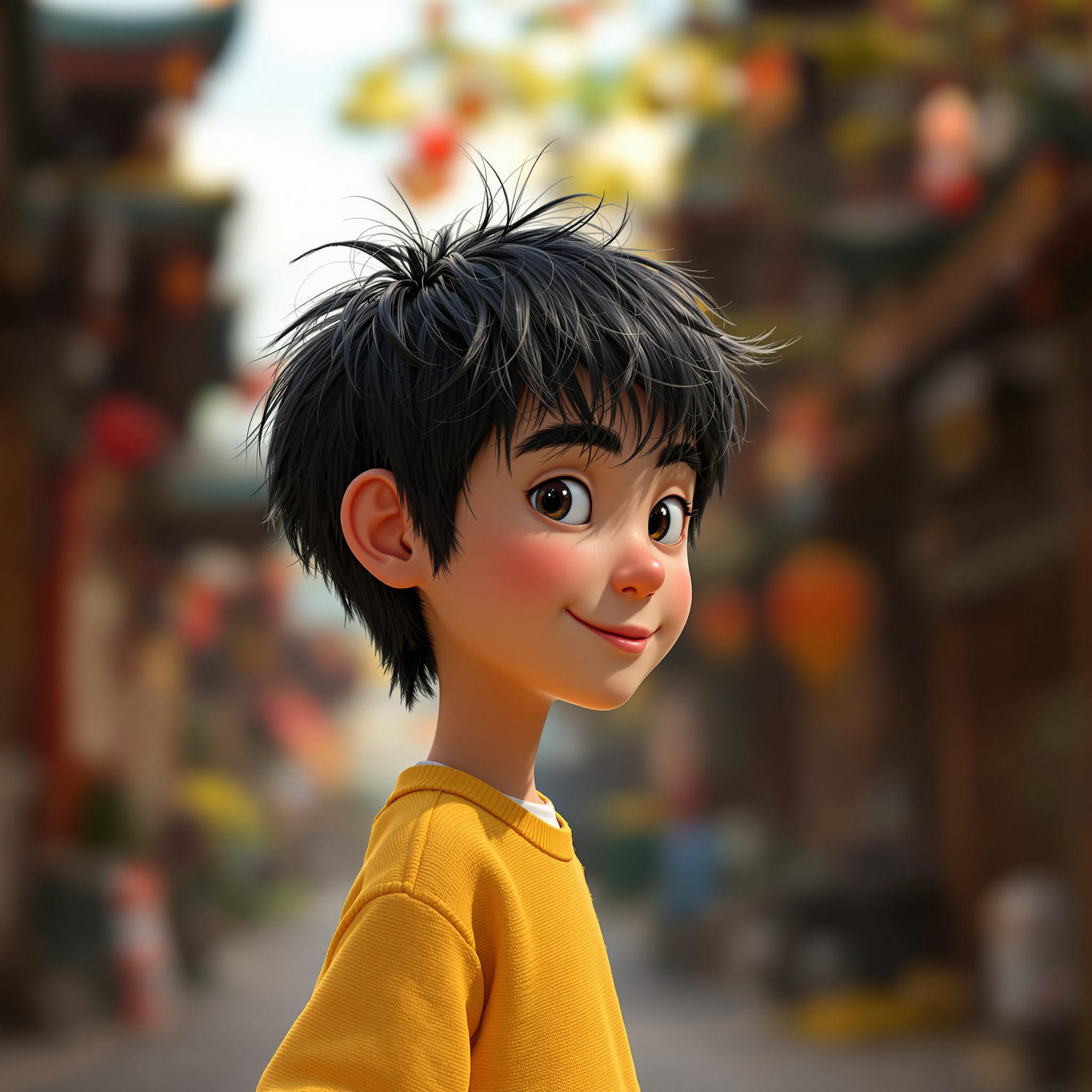 FLUX prompt: A Chinese boy with black hair and yellow shirt, rendered in cinema4d style, char...