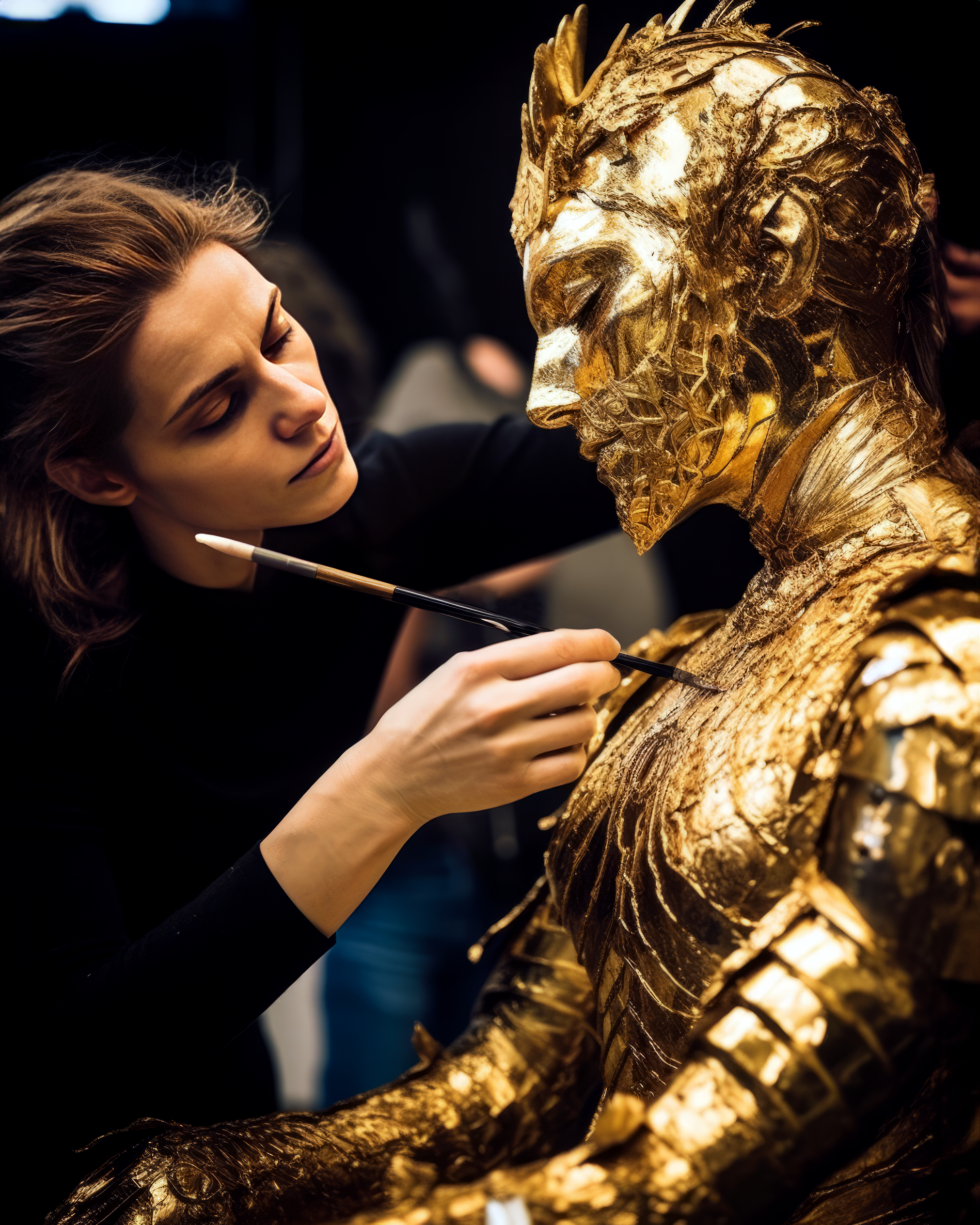 Midjourney prompt: a golden statue is in the process of being made and painted, in the style of sty...