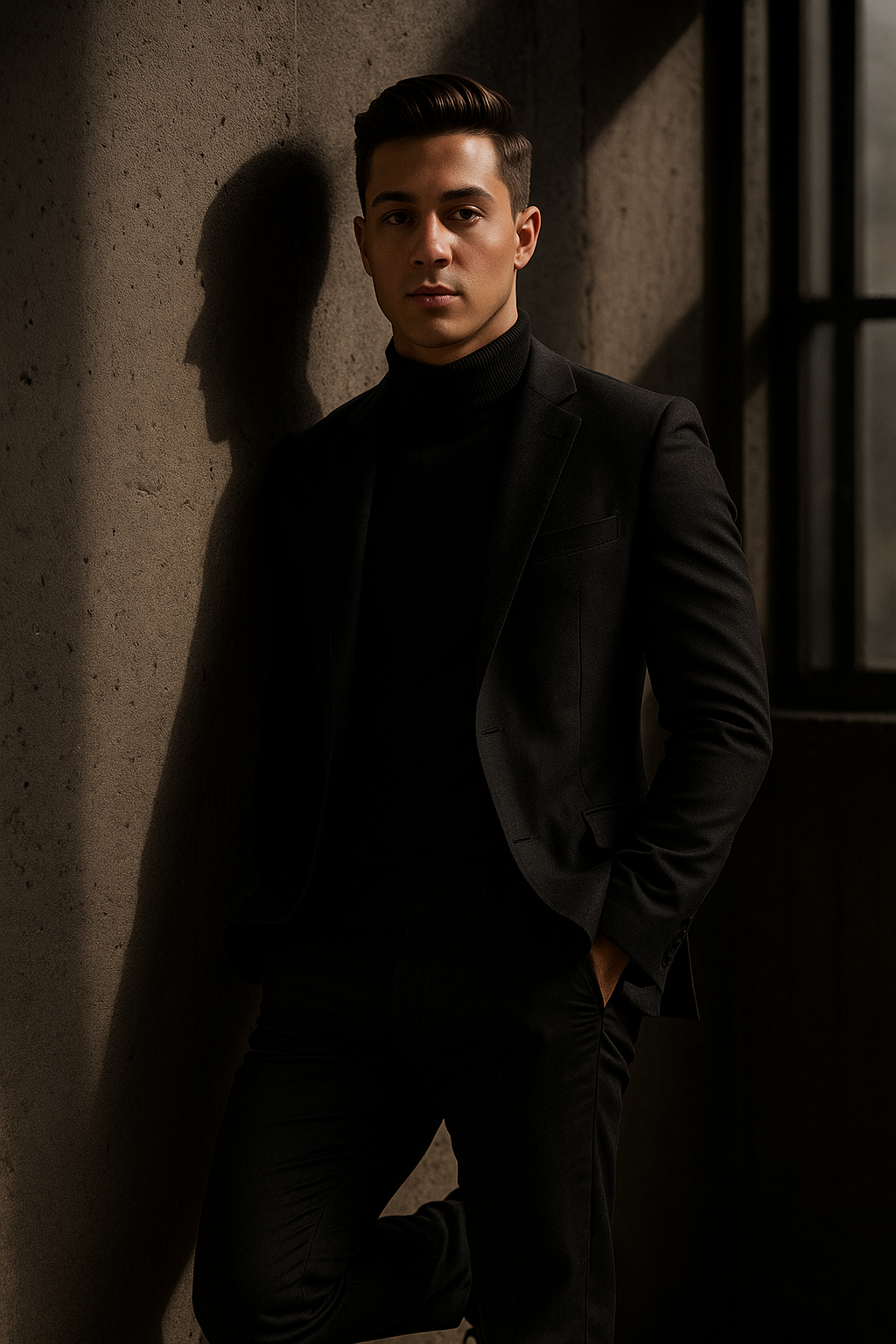 ChatGPT Image prompt: this as A man in a tailored black blazer and turtleneck stands against a concret...