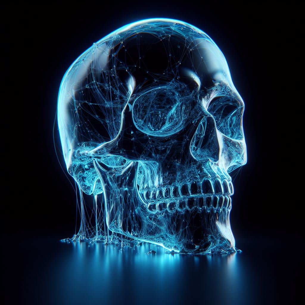DALL·E prompt: a 3d realistic image of a skull made of glass, with blue light shining through, ...