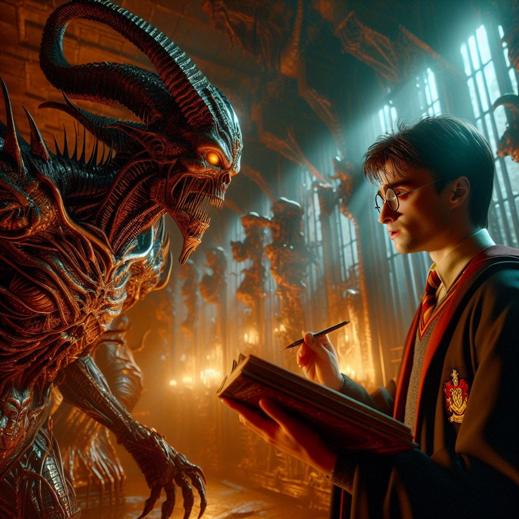 DALL·E prompt: Harry Potter in the dungeon, shiny, highly detailed, photorealistic, dynamic lig...