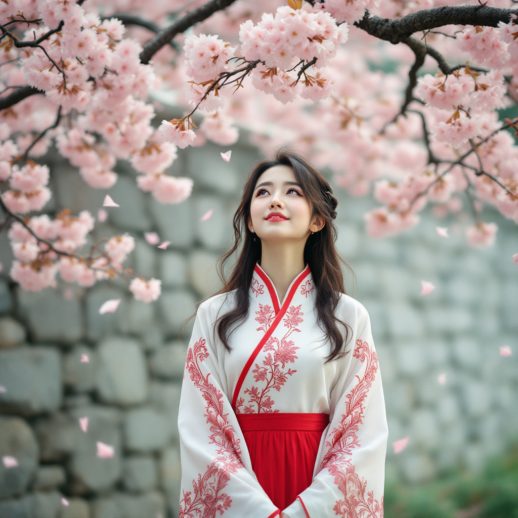 FLUX prompt: A woman in a traditional Chinese Hanfu dress, white kimono with red and black pa...
