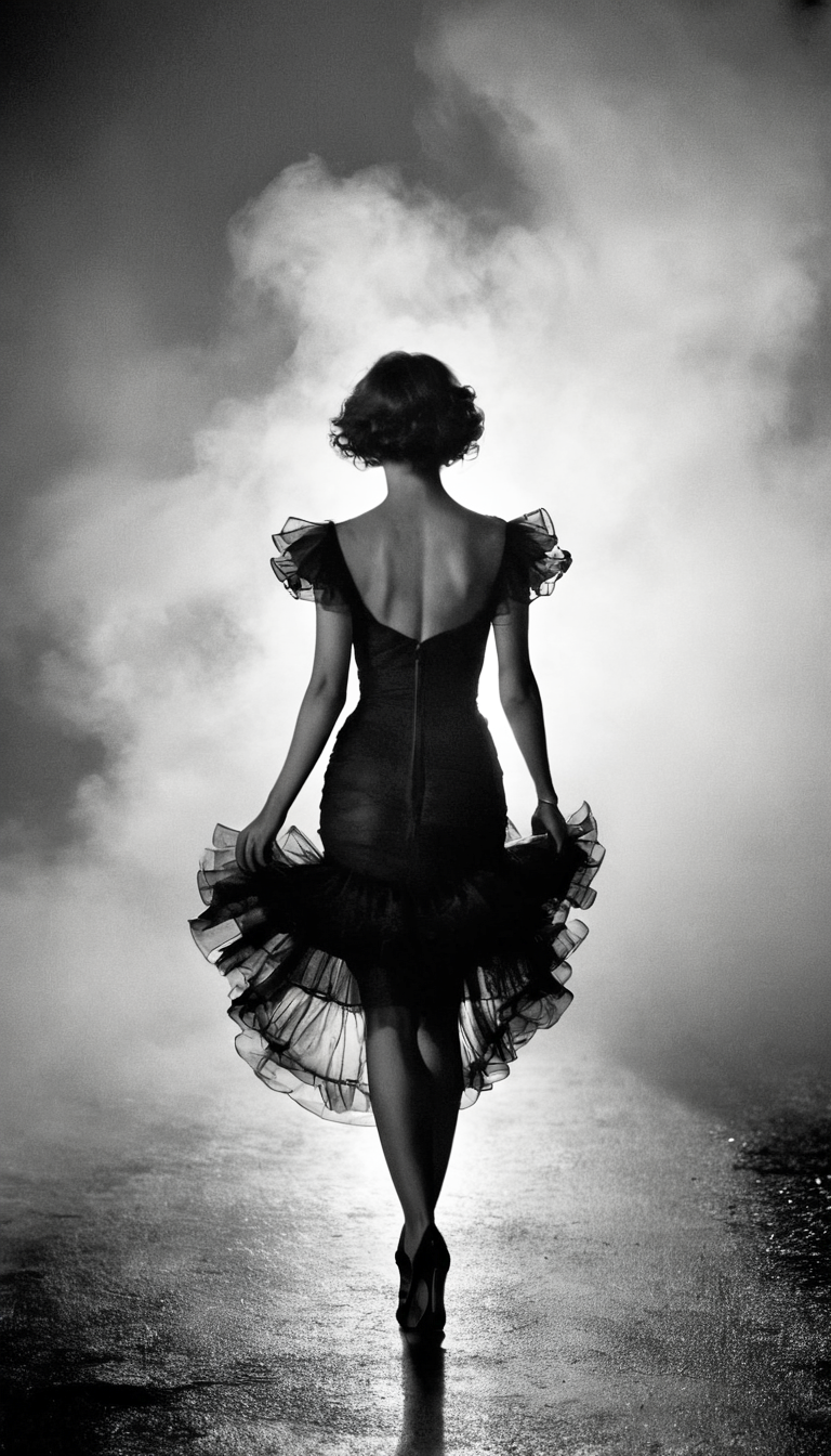 Stable Diffusion prompt: black and white photography, fashion editorial, back view a woman in a ruffled d...