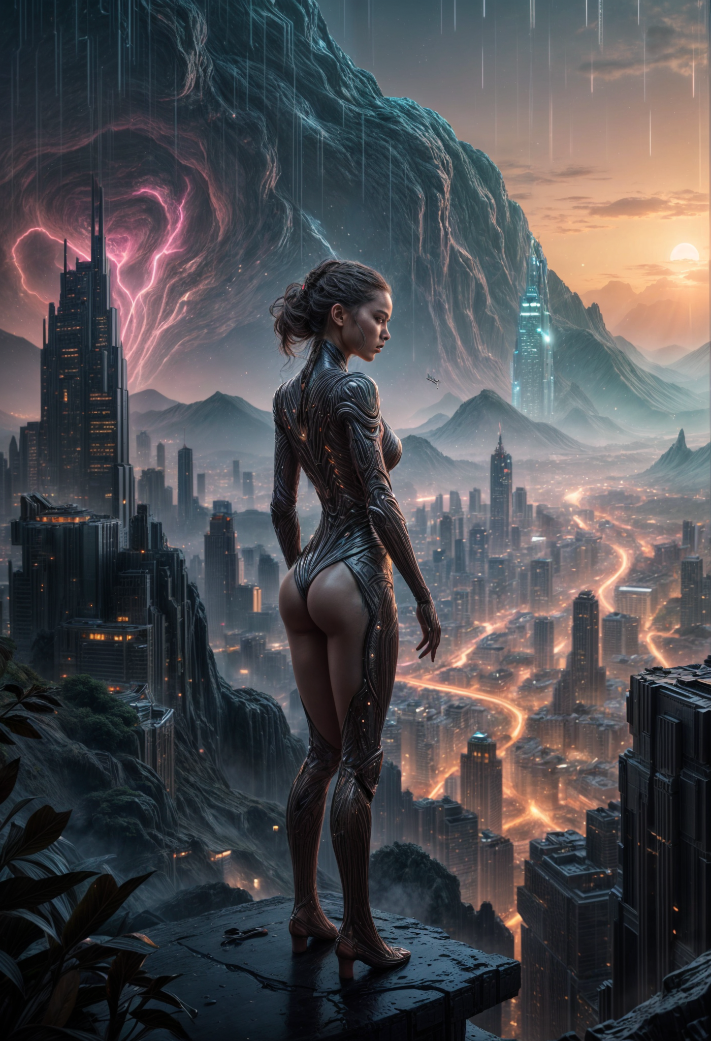 Stable Diffusion prompt: A futuristic cityscape with a woman in a sleek, robotic suit standing on a cliff...