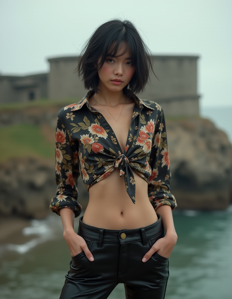 FLUX prompt: High fashion half body photo of a young asian female supermodel, very thin, smal...