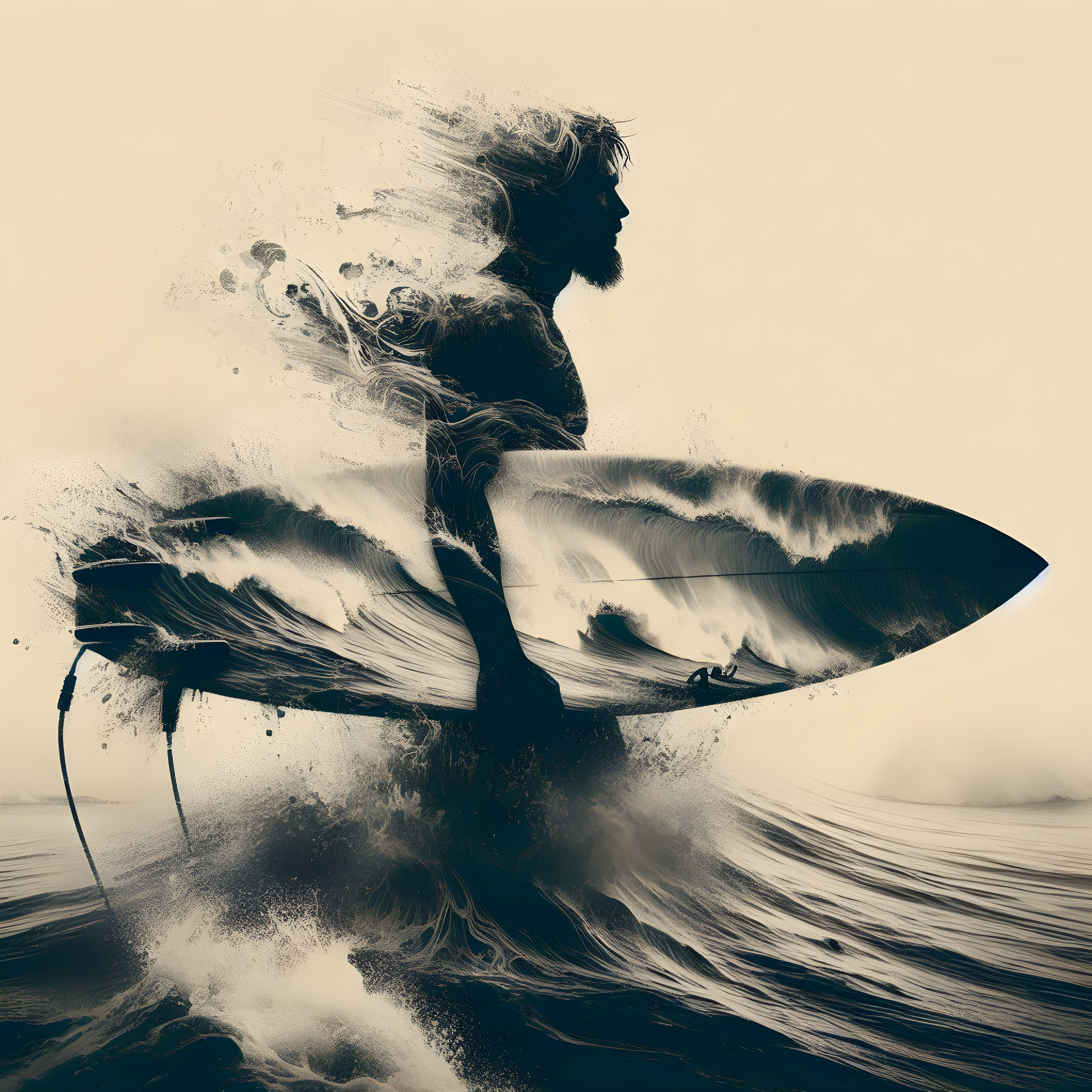 DALL·E prompt: Surfer in the style of mysterious abstractions, double exposure, emotional gestu...