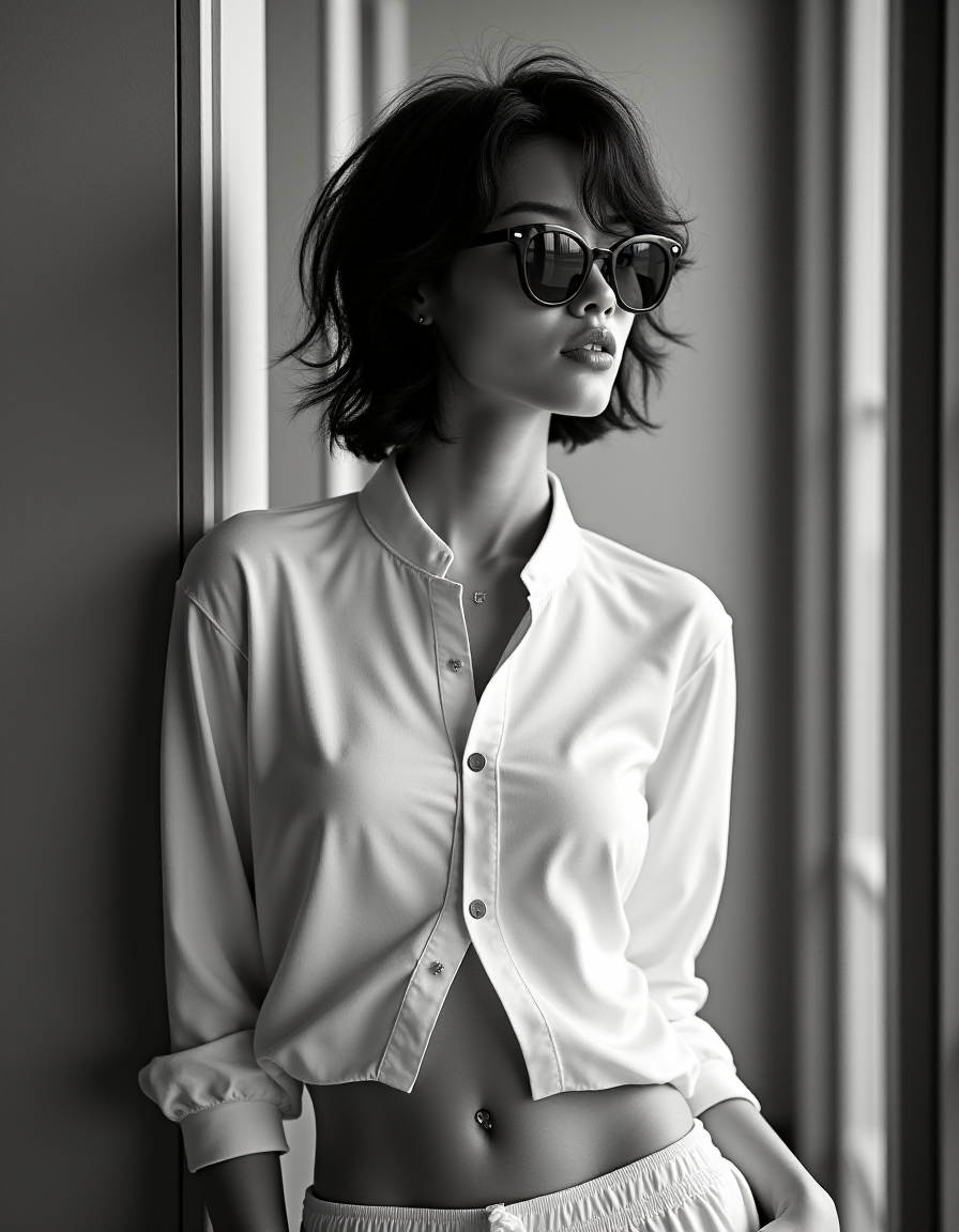 Flux.1-Dev (v1+v2) Flux.1-Schnell BNB NF4 prompt: monochrome High fashion black and white upper body photo of a slim, small breast...