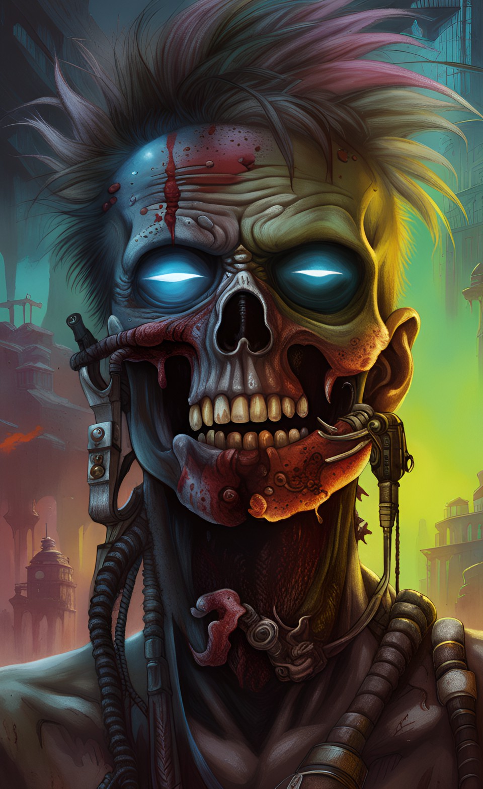 Stable Diffusion prompt: Future metal tech zombie emerging from a future utopian world, zombie virus stag...