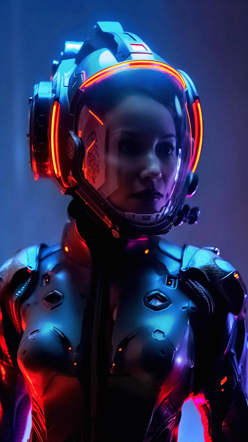 Midjourney prompt: A female in a space suit, neon light reflection, reflection mapping, ultra high ...