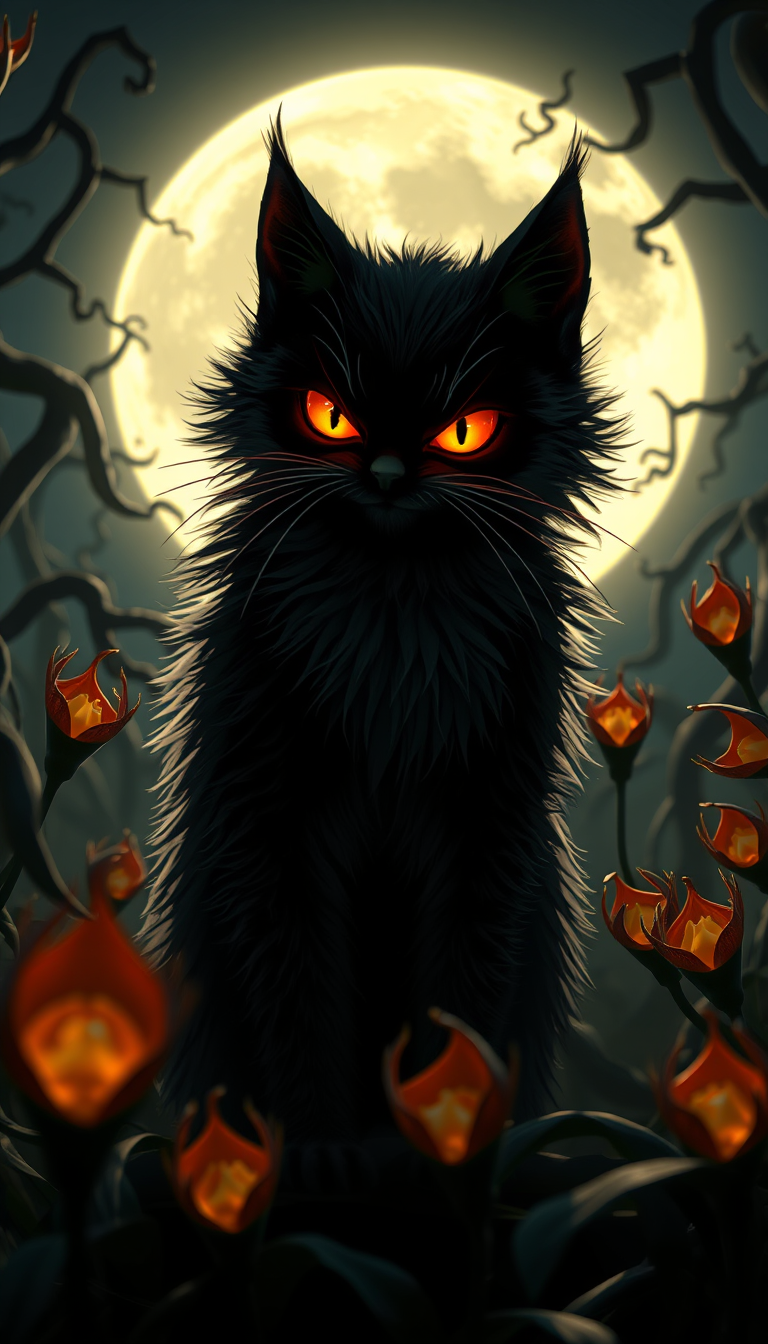 FLUX prompt: A 3D render of a hyperrealistic illustration of a sinister-looking fluffy cat. T...