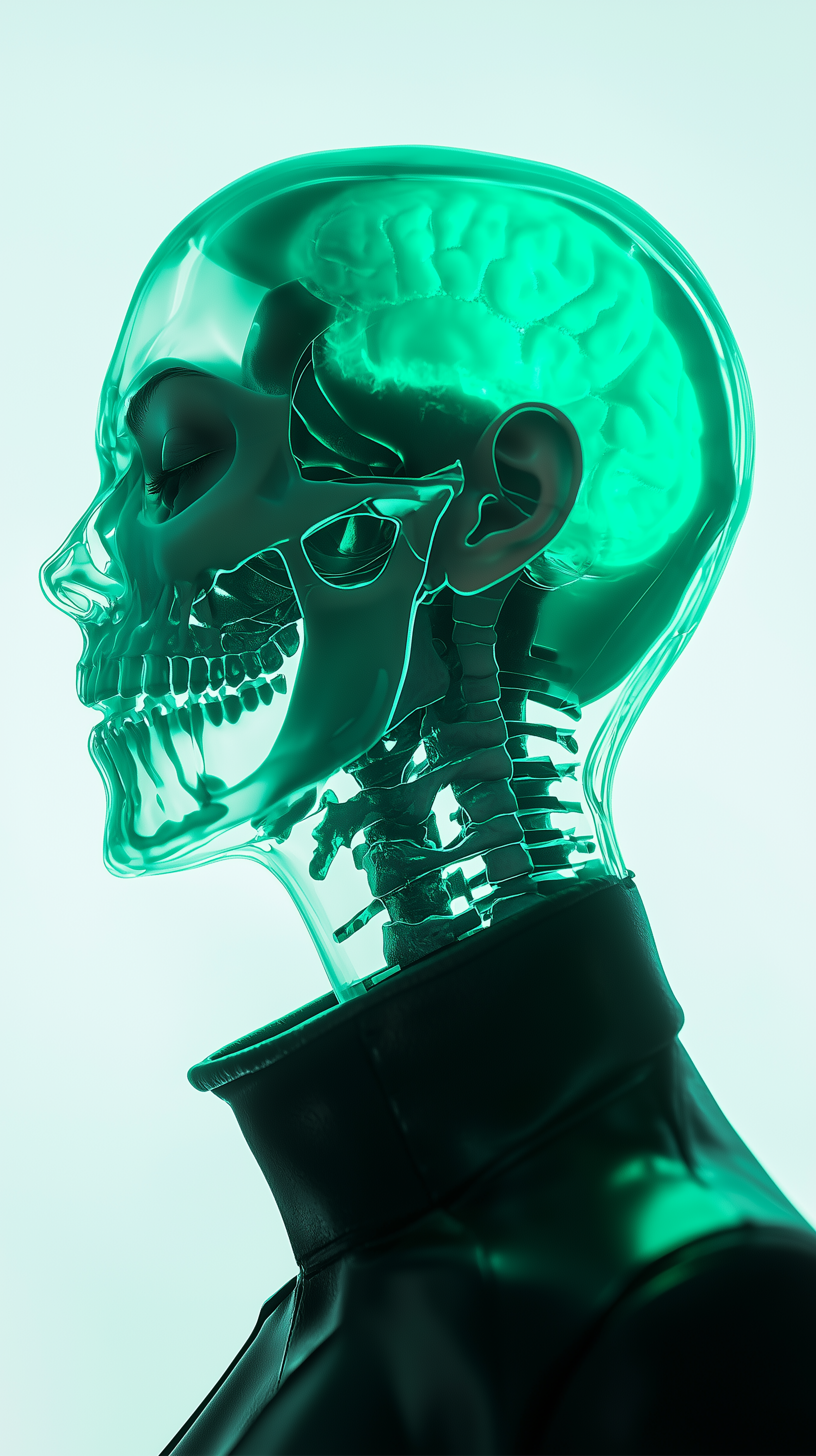 Midjourney prompt: ethereal portrait of a woman, transparent skin revealing her skull, glowing with...