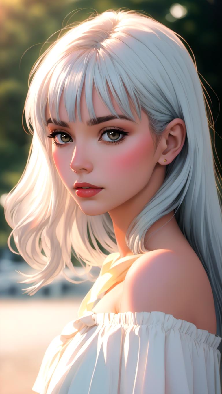 Deliberate prompt: 1 lady, solo, realistic face, sunset, beautiful, off shoulder dress, (silver whi...