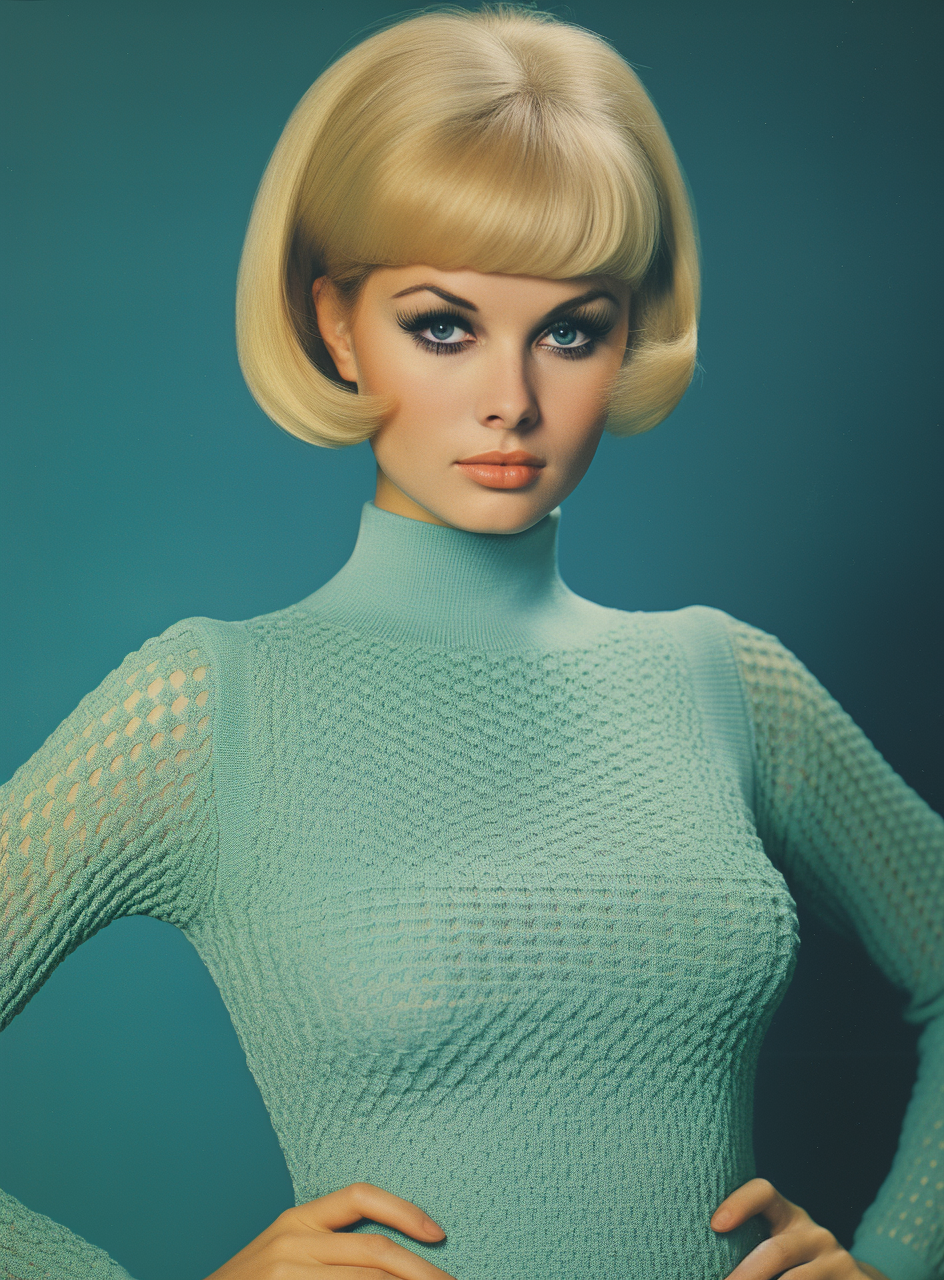 Midjourney prompt: A full-page scan of an old fashion magazine featuring a blonde woman wearing a b...