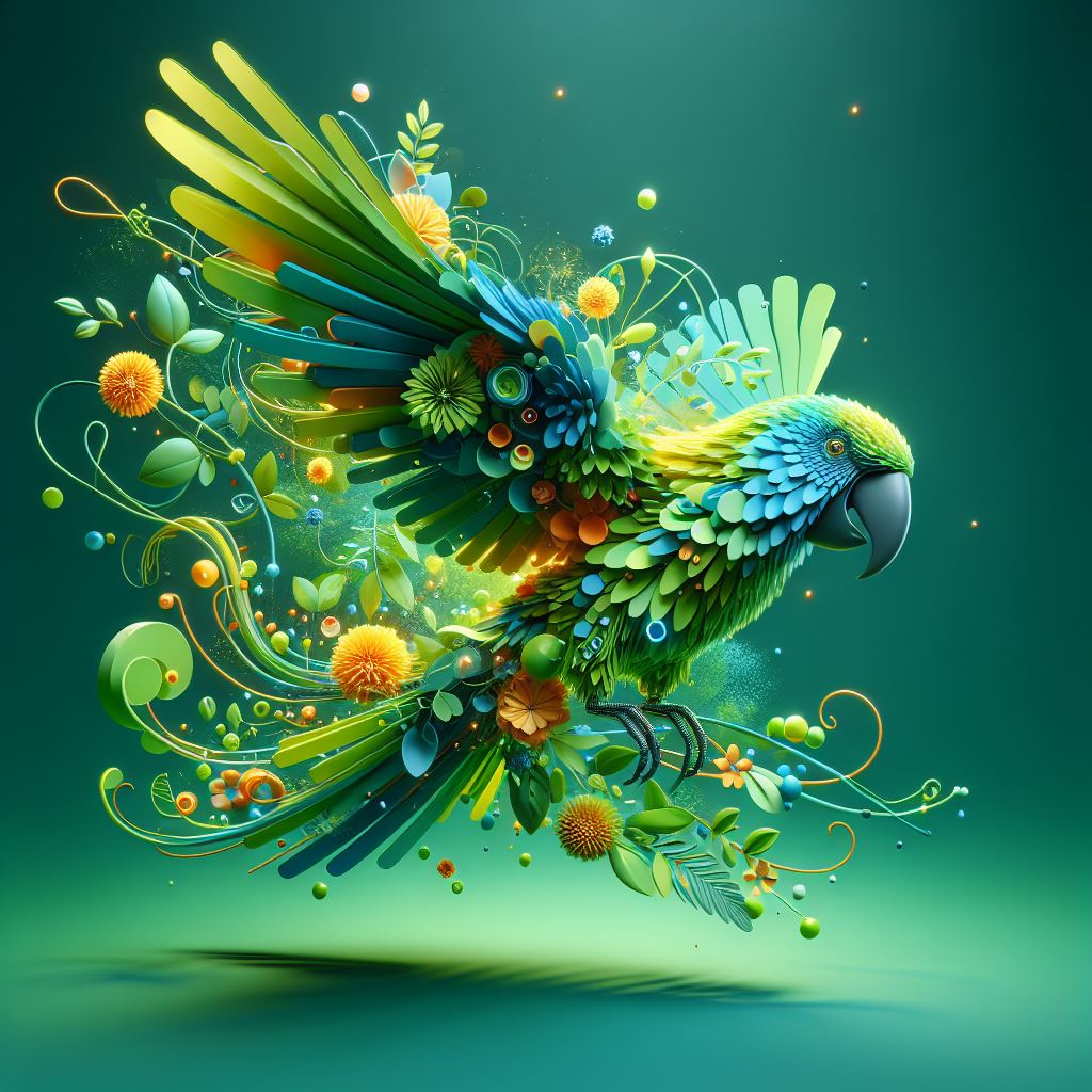 DALL·E prompt: abstract 3D shape flying parot, foliage and flowers incorporated, light emitting...
