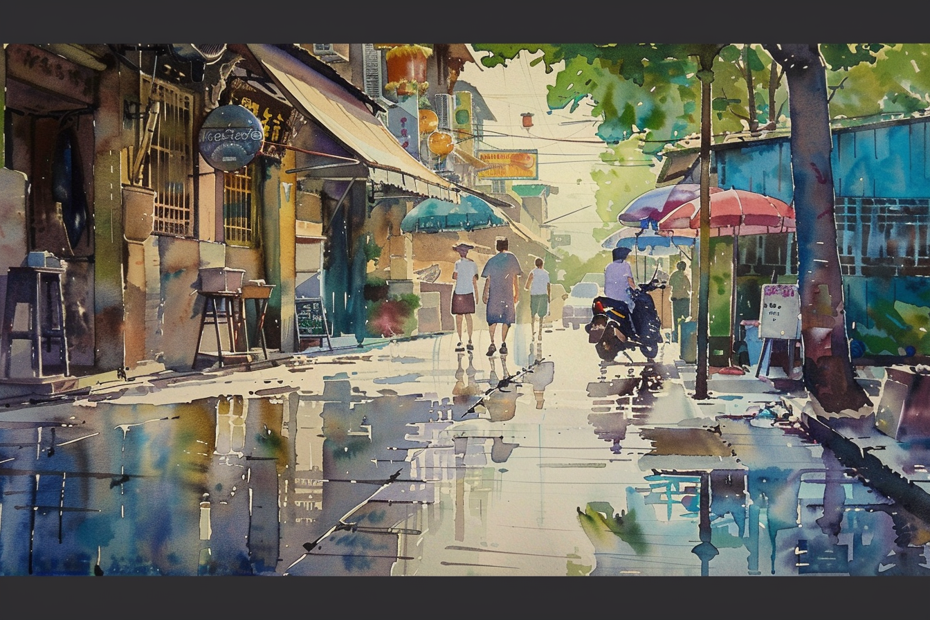 Midjourney prompt: watercolor an animated portrayal of daily life --ar 3:2 --v 6.0