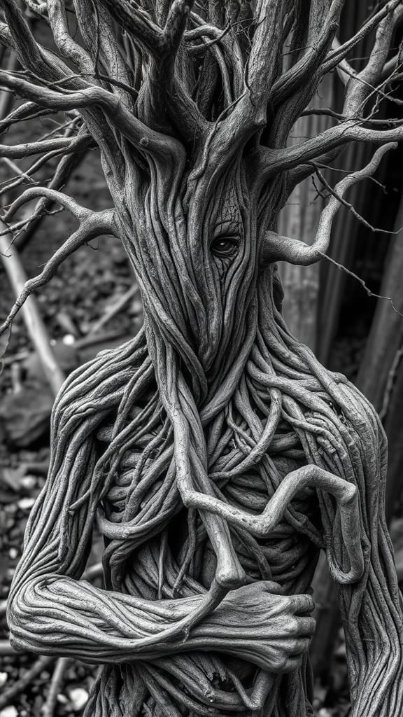 FLUX prompt: A infrared black and white photo of a a humanoid figure with twisted tree roots ...