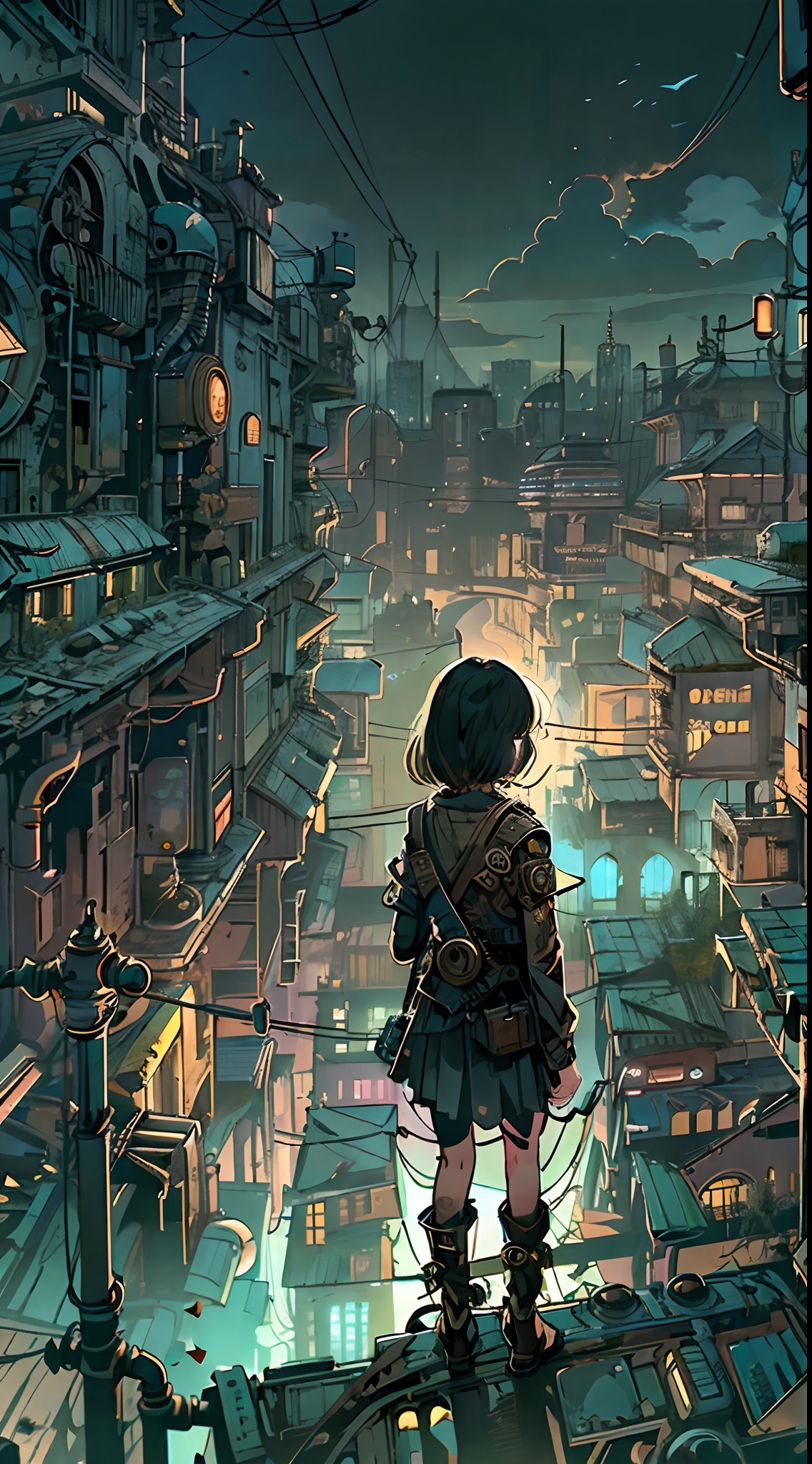 Stable Diffusion prompt: In a dystopia, A young girl wanders into a post apocalyptic steampunk skyscraper...