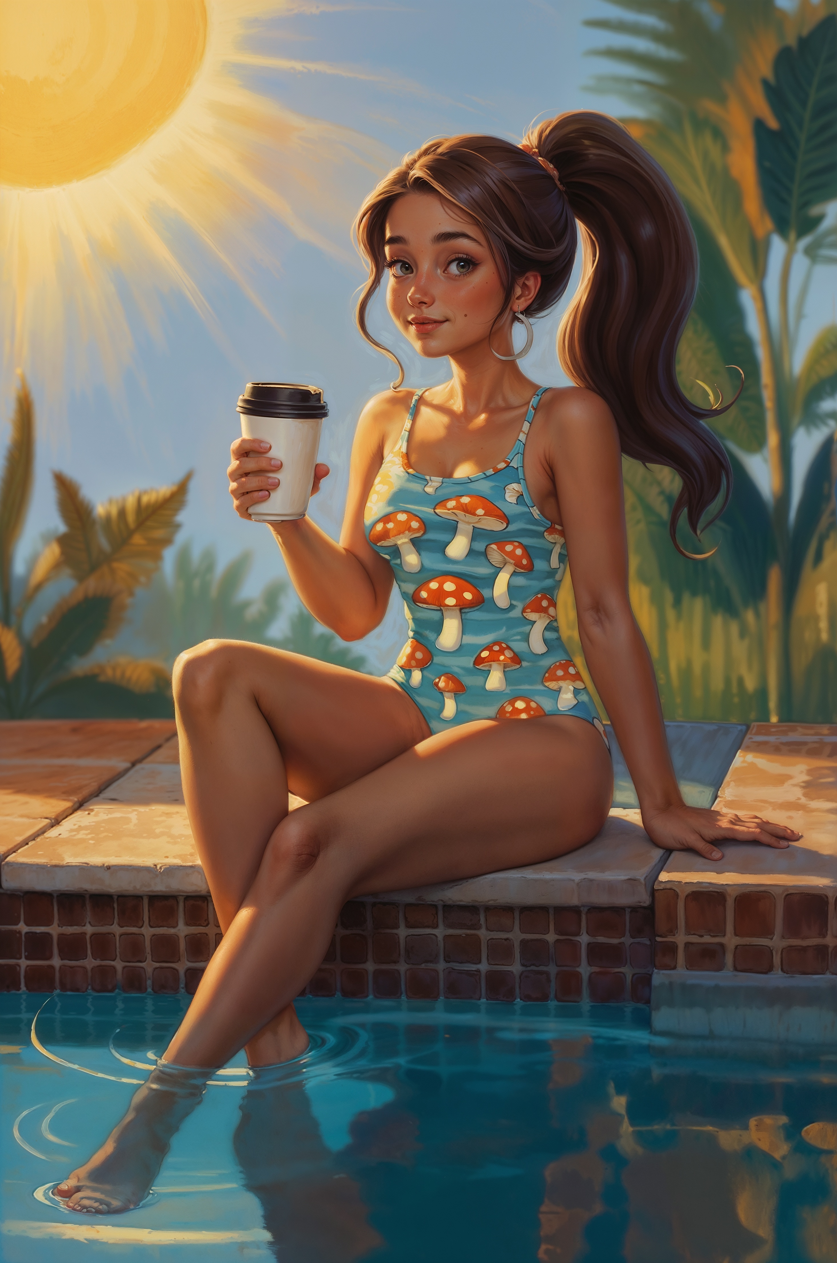 SD XL prompt: Cute painting of a woman sitting by the pool and dipping her feet in the water. ...