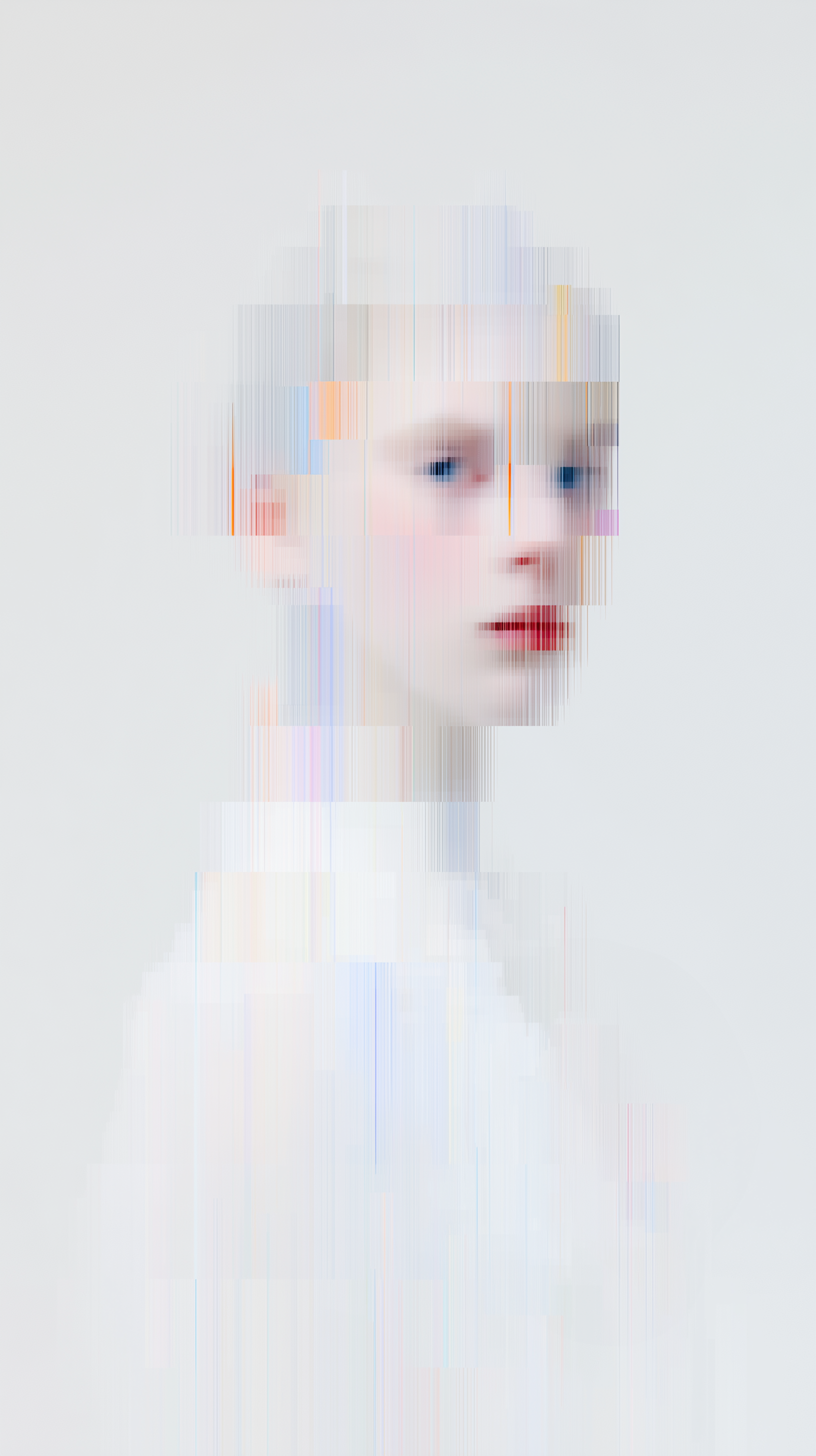 Midjourney prompt: glitch art portrait, single woman with clearly defined edges, gaze, pure white b...