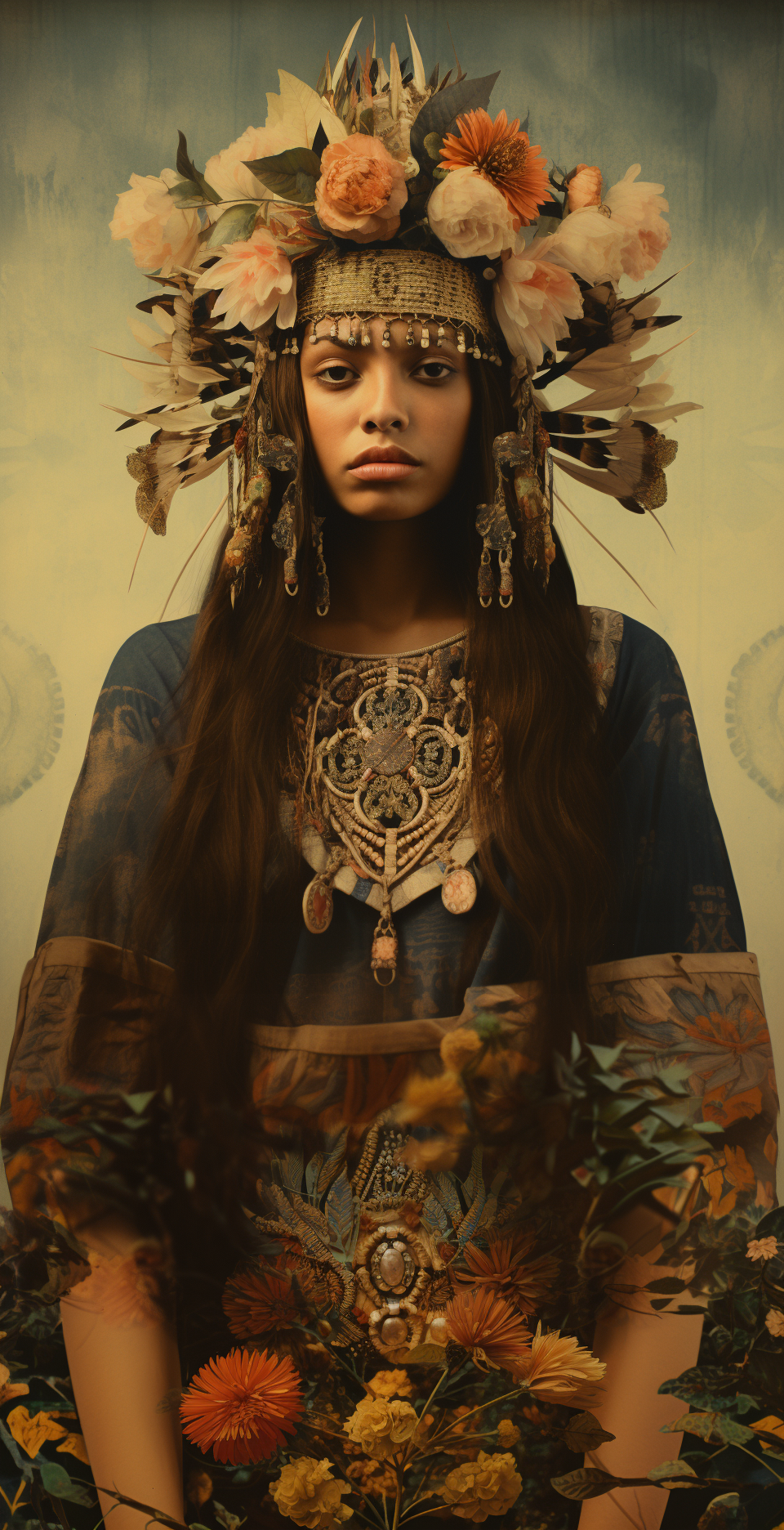 Midjourney prompt: A woman in the style of "Karencore", wearing an ornate headdress, holding wildfl...