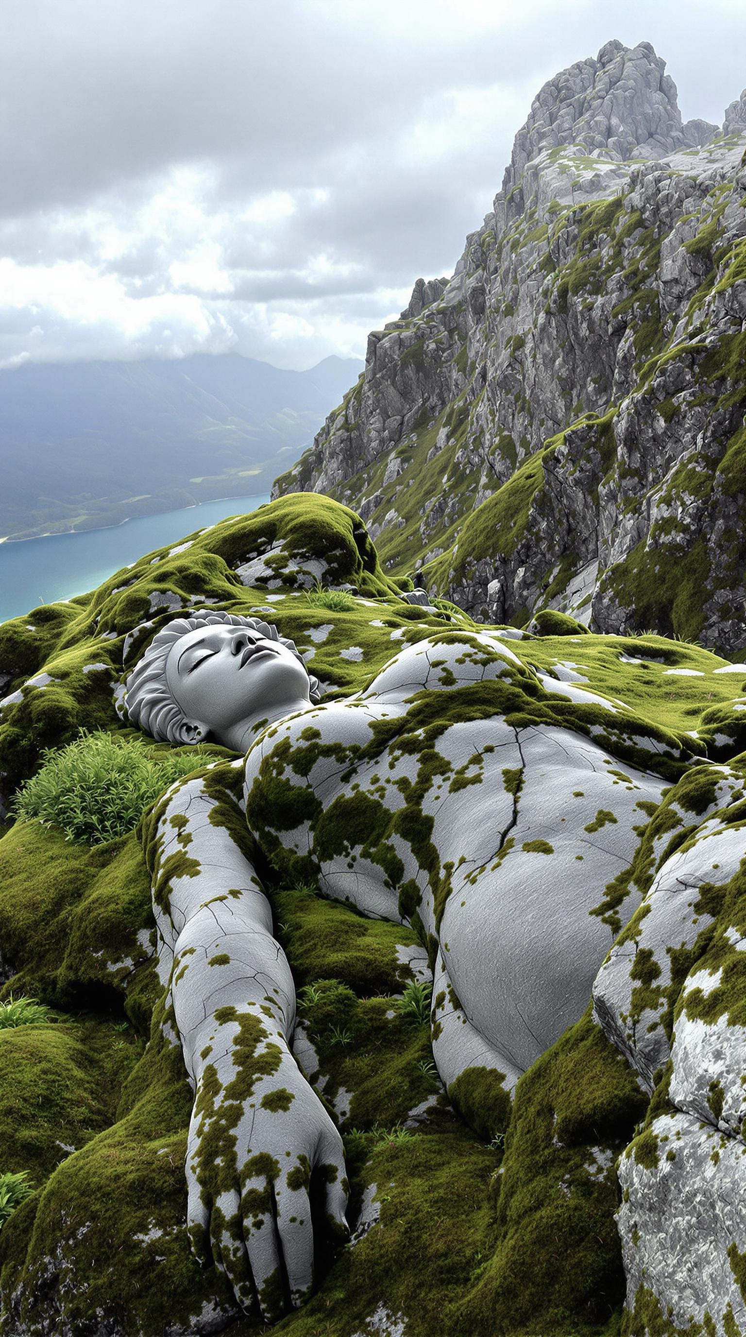 FLUX prompt: The surrounding landscape is rugged and mountainous, with a body of water visibl...