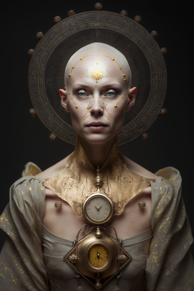 Midjourney prompt: woman without hair on her head in full growth with a gold watch around her neck,...