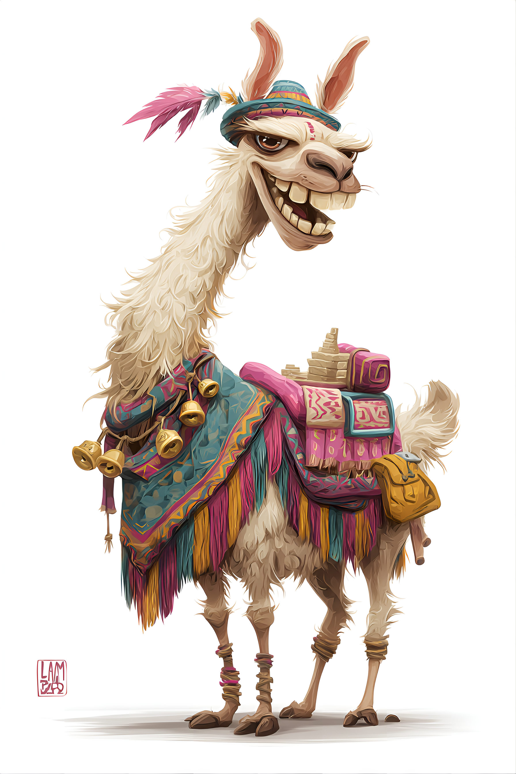 Midjourney prompt: funny caricature, silly llama character, peruvian ethnicity, 5 years old, aloof,...