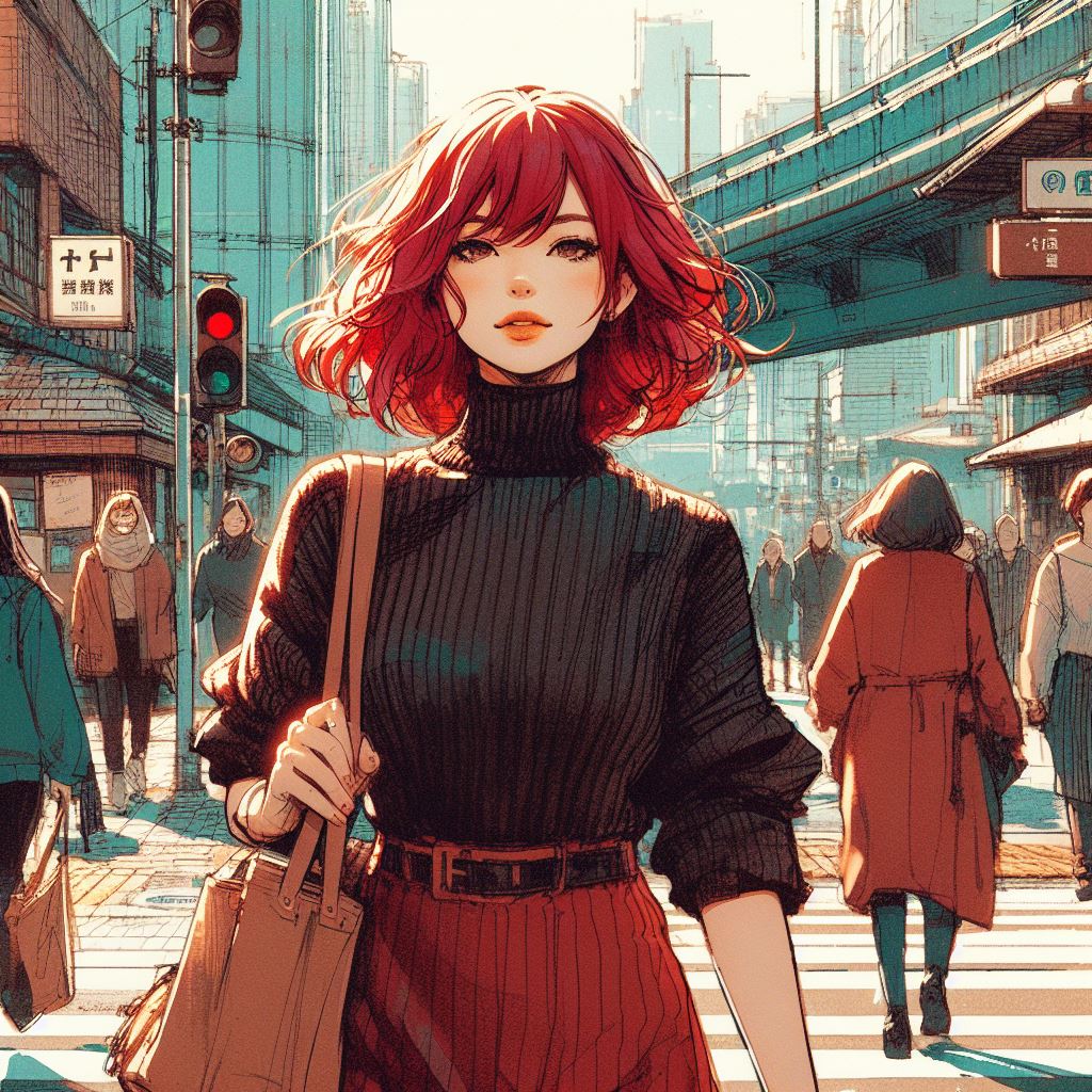 DALL·E prompt: Masashi Kishimoto style, woman red hair, she walking on street
