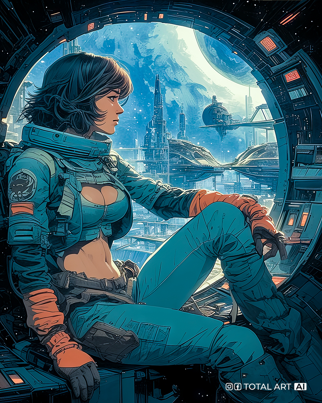 Midjourney prompt: Space Trucker, full body shot, side view, hand drawn young beautiful European wo...