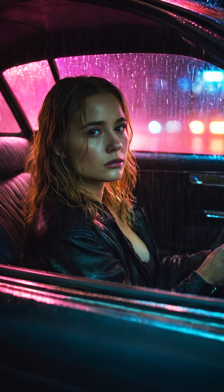 Stable Diffusion prompt: A fashion editorial, front view, young woman sitting in car and looking out wind...