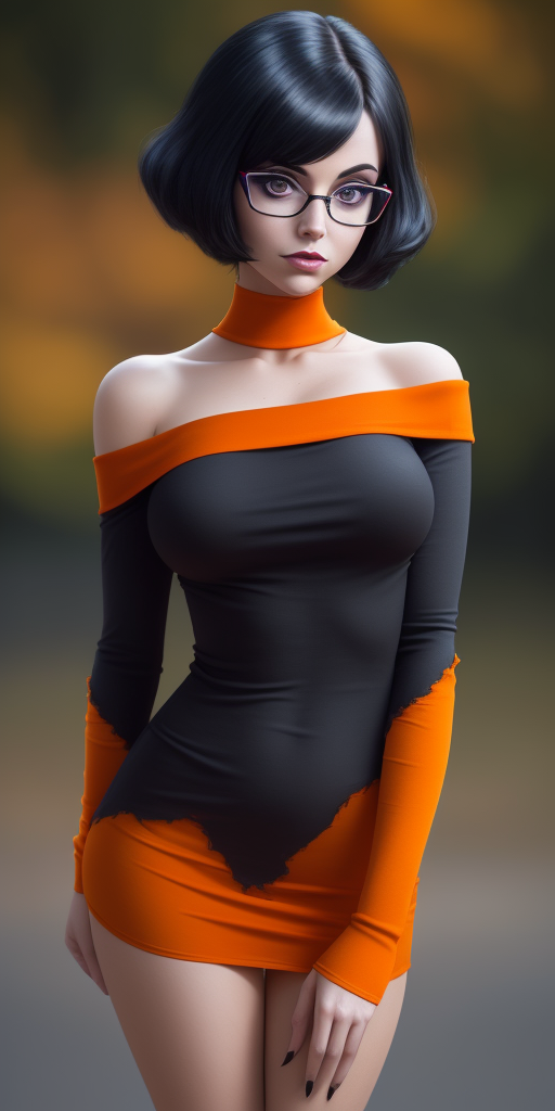 DreamShaper prompt: professional portrait, goth girl, velma from scooby-doo, a girl wearing eye glas...