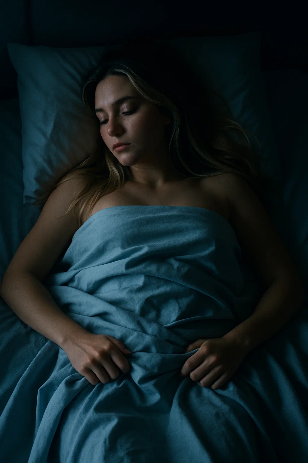 Sora prompt: woman, long blonde hair with dark highlights, lying in bed, sleeping, One hand p...