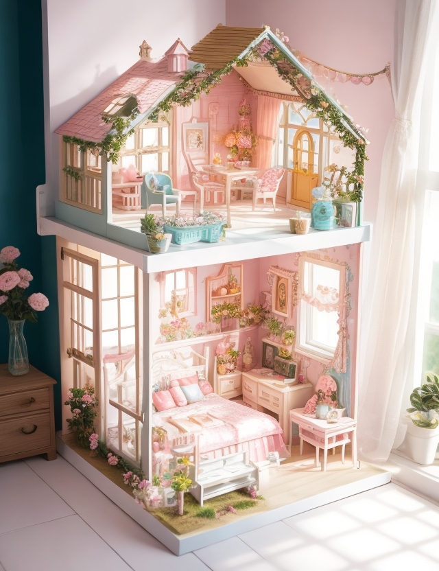 DreamShaper prompt: A captivatingly exquisite dollhouse , design by kawaii vibe , mood blissful.
