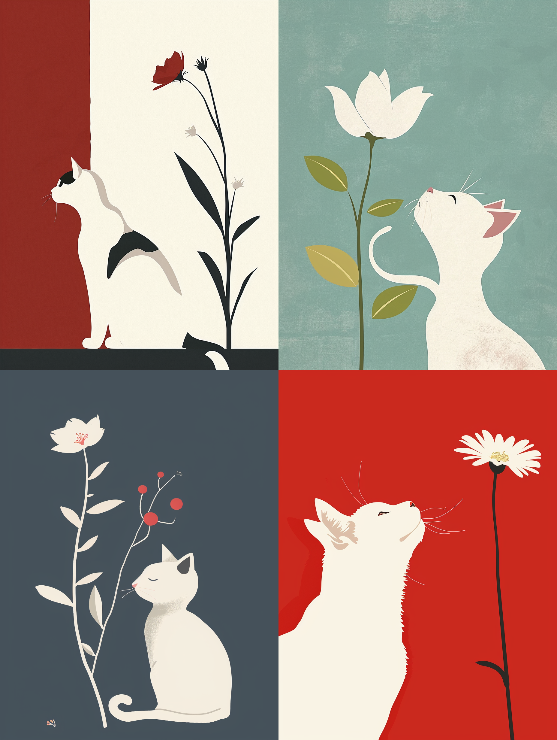 Midjourney prompt: white Cat and flower in a Takeshi Kitano style, in a minimalist and humorous set...