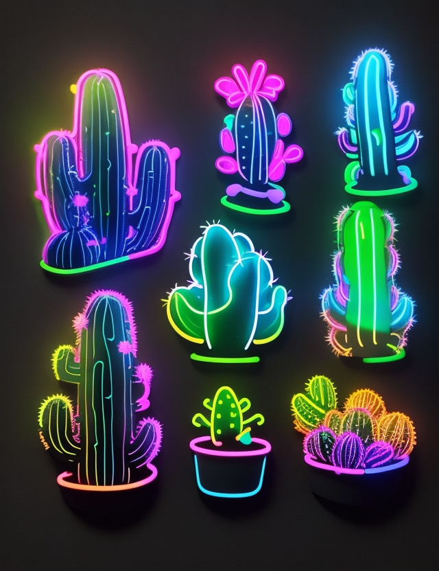 DreamShaper prompt: 9 emoji neon small cactus glowing minimalist stickers, all the page full of stic...