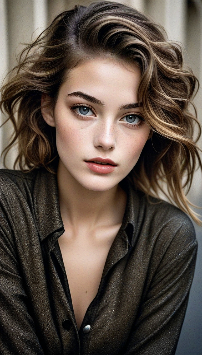 SD XL prompt: An image of a woman with shoulder-length wavy brunette hair and striking blue ey...