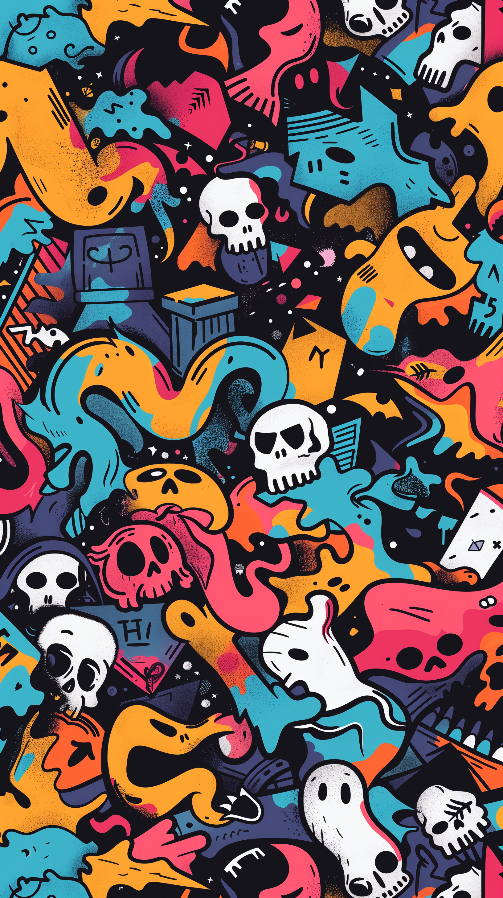 Midjourney prompt: dynamic pattern illustration, spooky art and graffiti, bold, simplify, saturated...