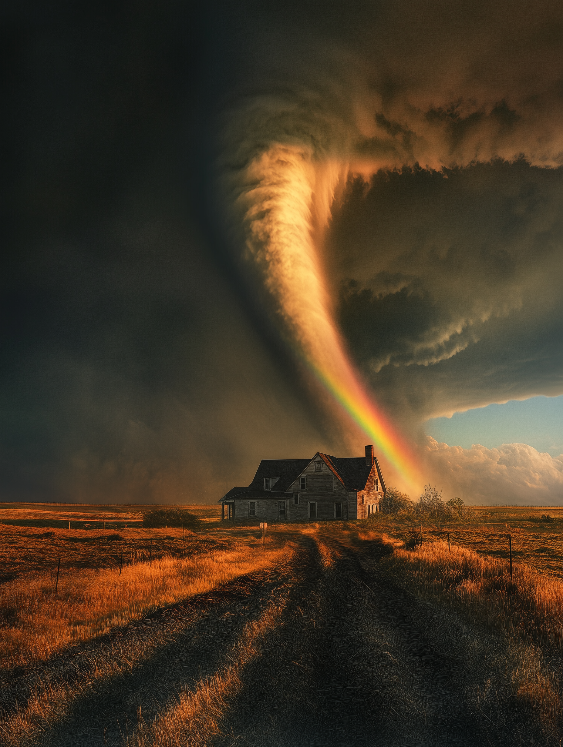 Midjourney prompt: A giant tornado looming over an old farmhouse, with a vibrant rainbow in the sky...