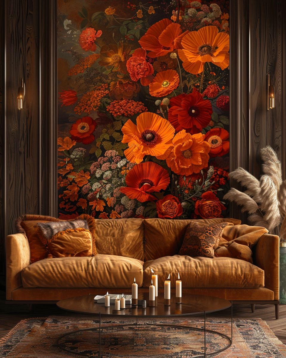 Midjourney prompt: A large wall mural of an autumn floral arrangement on the walls, featuring bold ...