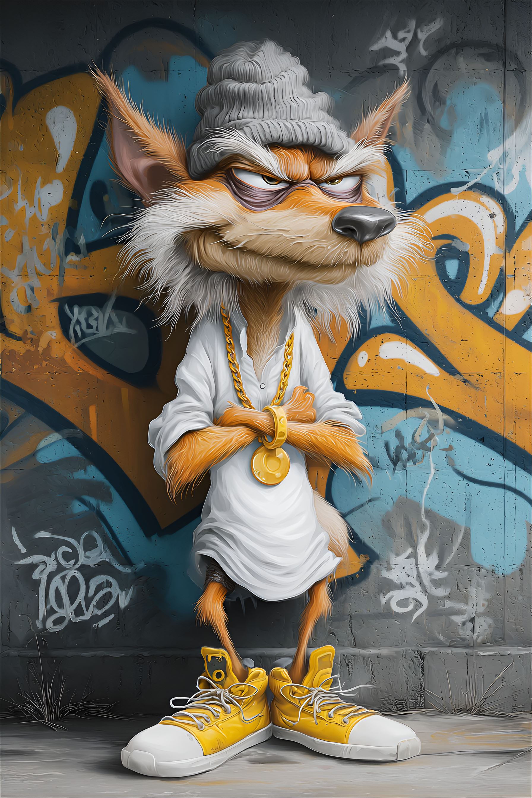 Midjourney prompt: funny caricature, gangster fox character caricature, elderly european male, 67 y...