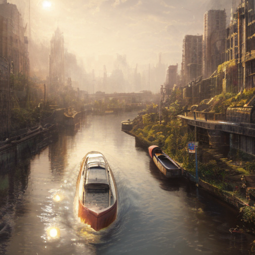 Redshift Diffusion prompt: photo of a ultra realistic river canal in an apocalyptic city by frank lloyd wri...