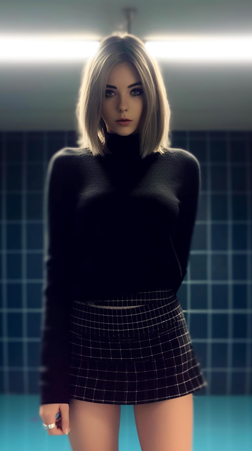 Midjourney prompt: A good-looking lady wearing a black sweater and checkered mini skirt in a bathro...