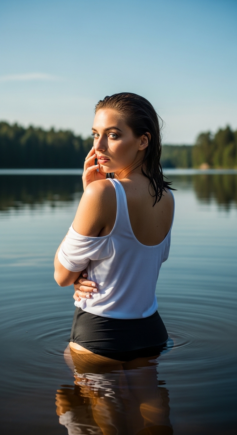 Google Imagen prompt: A woman stands in a serene lake, her back to the viewer, looking over her should...