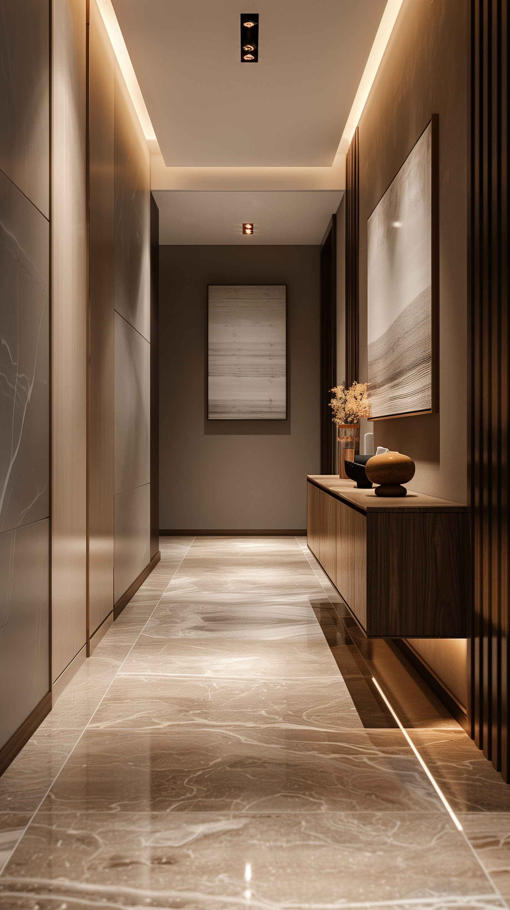 Midjourney prompt: photography, minimalist, photorealistic, wide-angle lens, apartment foyer hallwa...