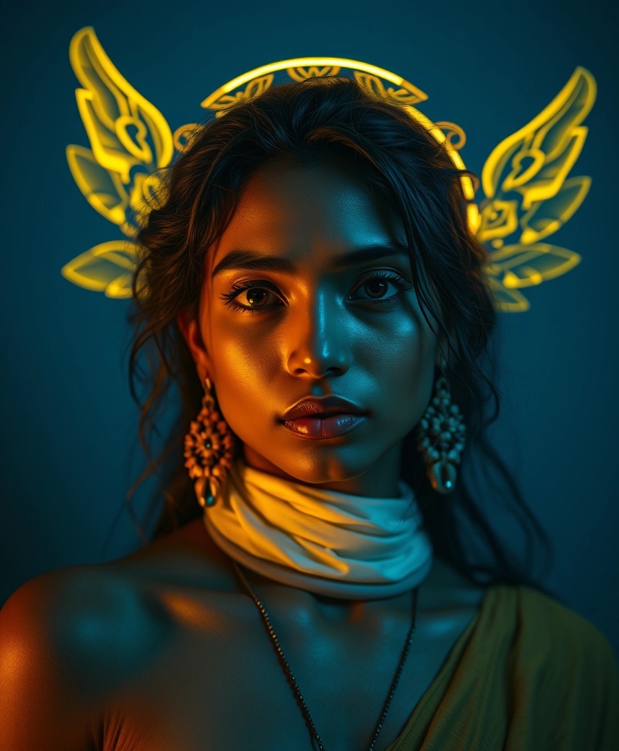 FLUX prompt: A color-graded, cinematic portrait of an Indian woman, with a gold angel halo ov...