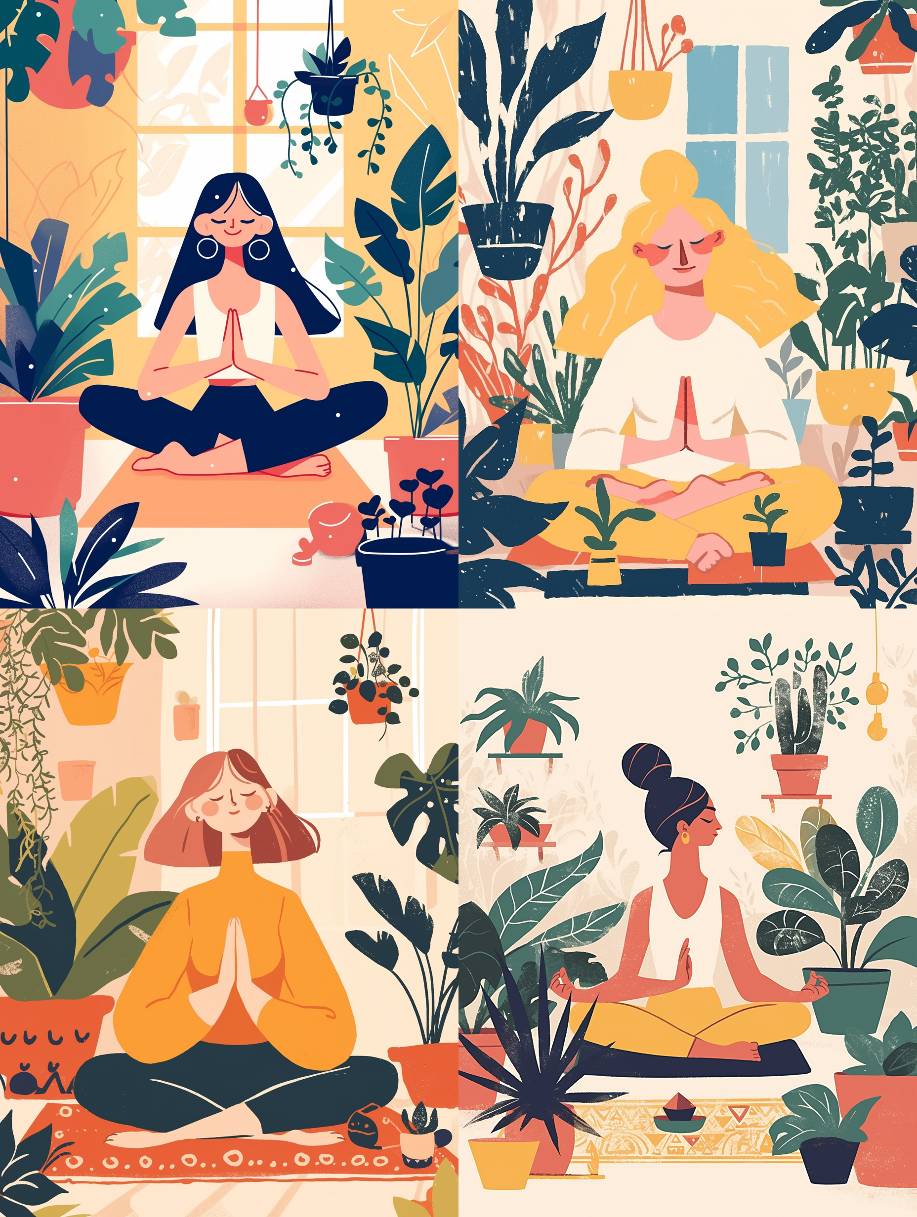 Midjourney prompt: A flat illustration of a lady doing meditating, with plants in the house, Matiss...