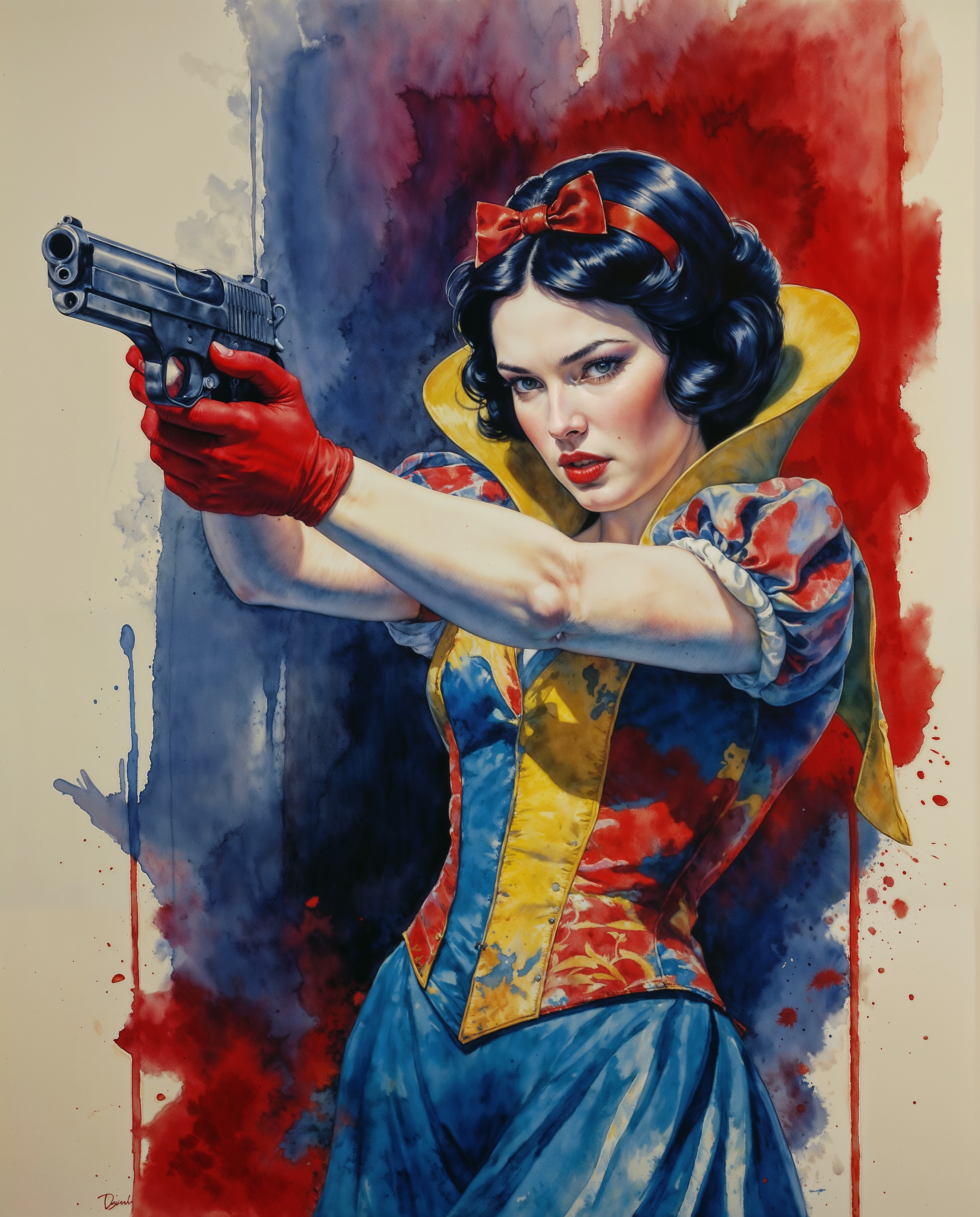 SD XL prompt: A captivating and dynamic portrayal of Snow White as a fierce femme fatale, wiel...