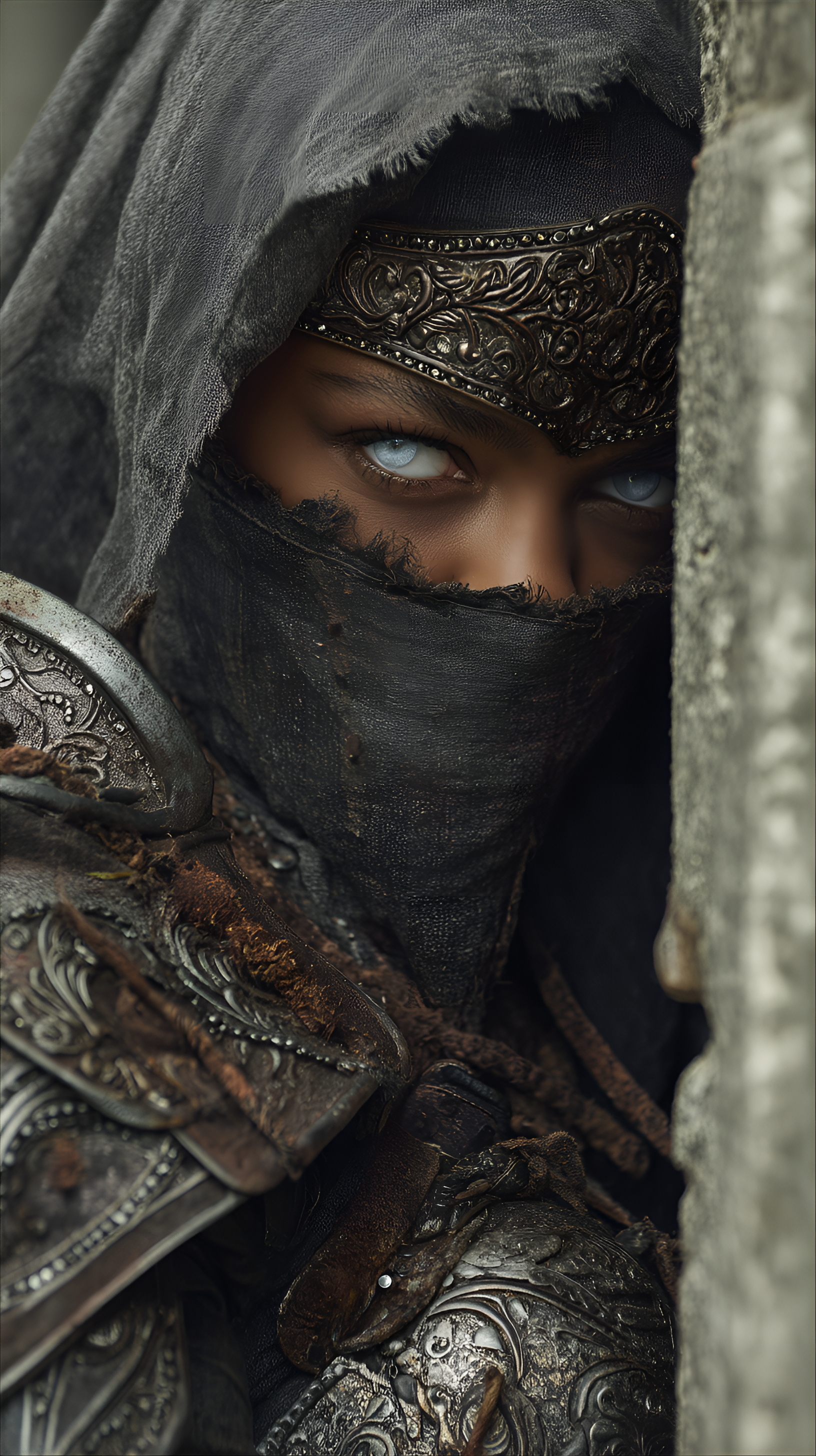 Midjourney prompt: female warrior, young adult, likely Middle Eastern, wearing intricate, dark-gray...
